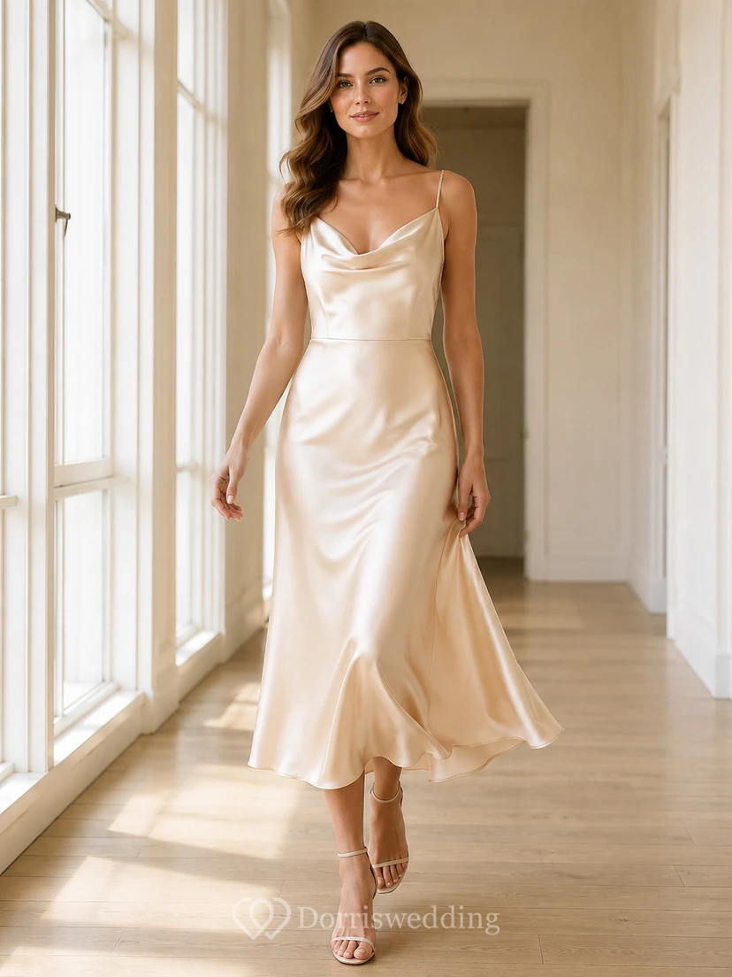 Robe de mariée civile champagne à bretelles spaghetti et col bénitier sans manches, coupe trapèze, longueur thé, en satin.