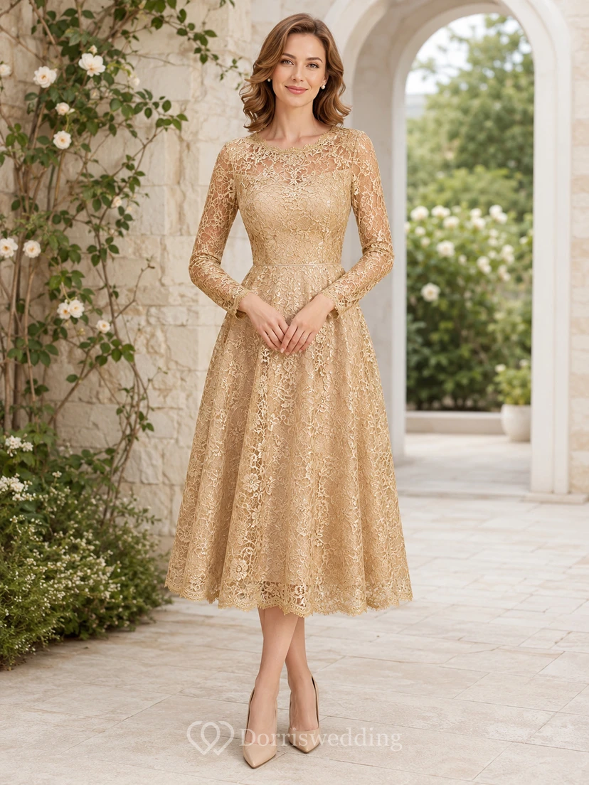 Champagnerfarbenes, elegantes Vintage-Kleid mit U-Boot-Ausschnitt, Illusionsspitze, langen Ärmeln und Teekleid