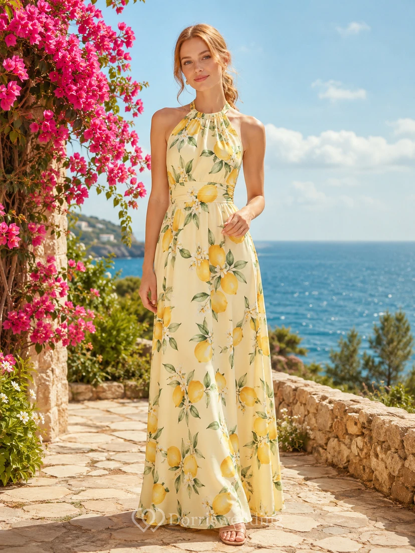 Lemon Print Halter Neck Flowing Seaside Maxi Dress