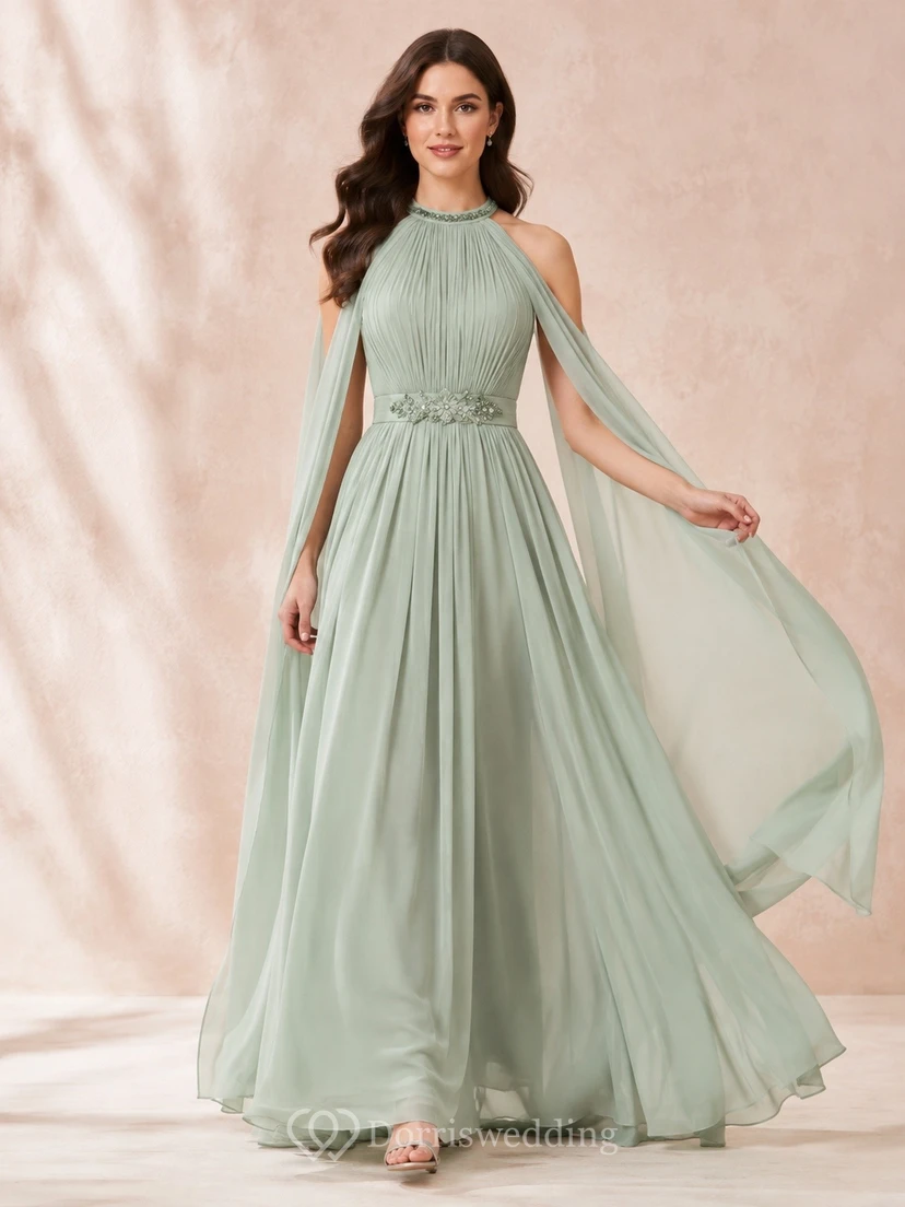 Modest High Neck Cape Chiffon A-Line Floor Length Formal Dress