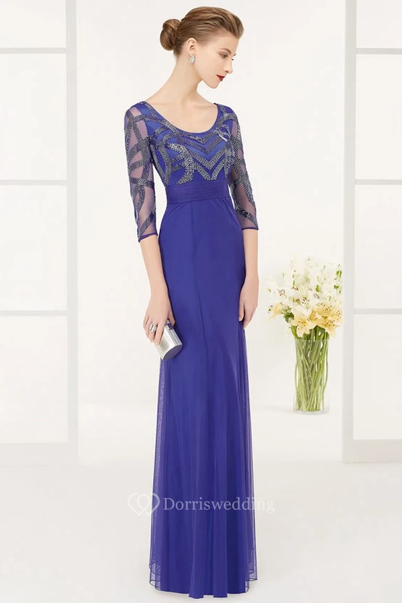 Scoop Neck Half Sleeve Tulle Long Prom Dress With Sequined Top