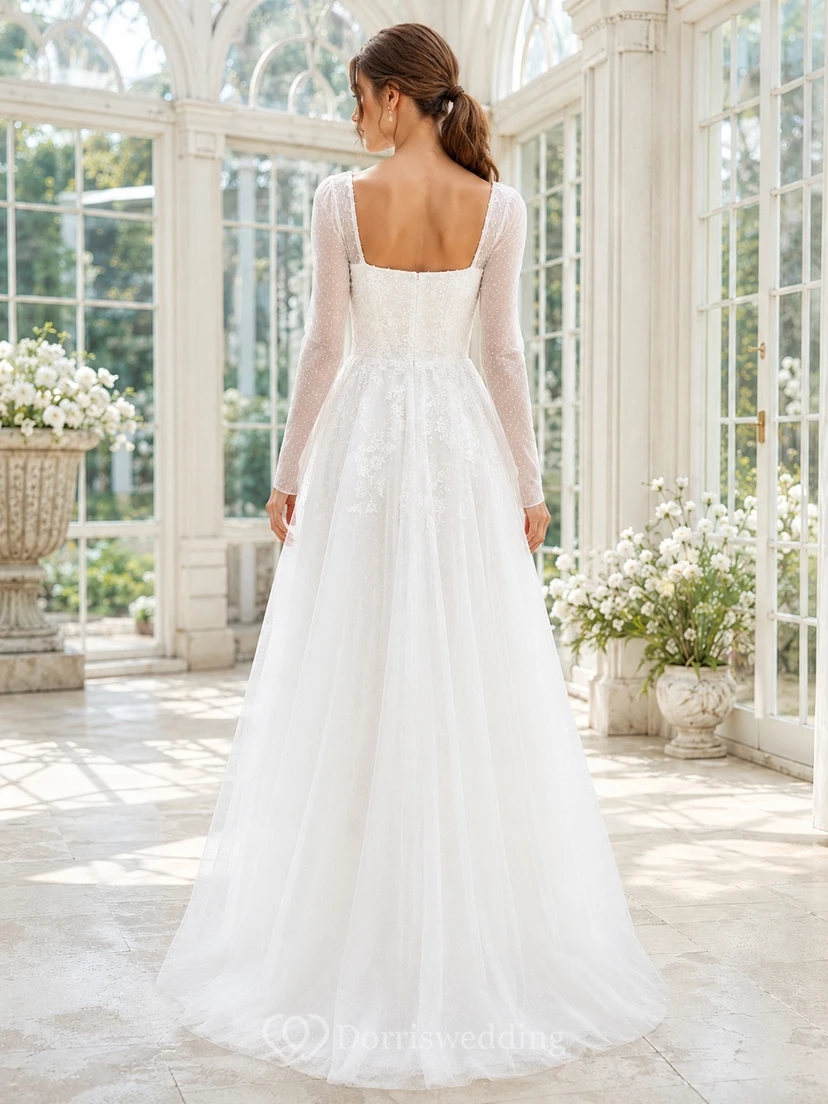 Modest Long Sleeve Square Neck Lace Tulle A-Line Floor-Length Wedding Dress view 2