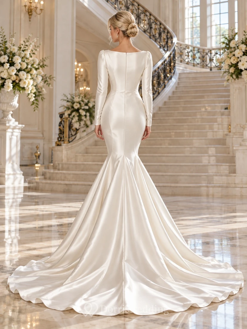 Simple Mermaid Long Sleeve Bateau Satin Court Train Wedding Dress view 2