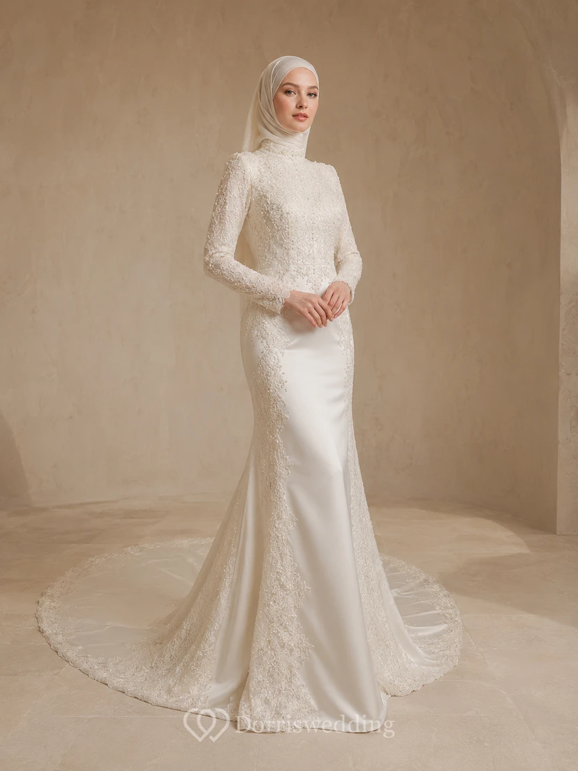 Muslimisches Hochzeitskleid mit hohem Kragen, Meerjungfrauen-Schleppe und langen Ärmeln