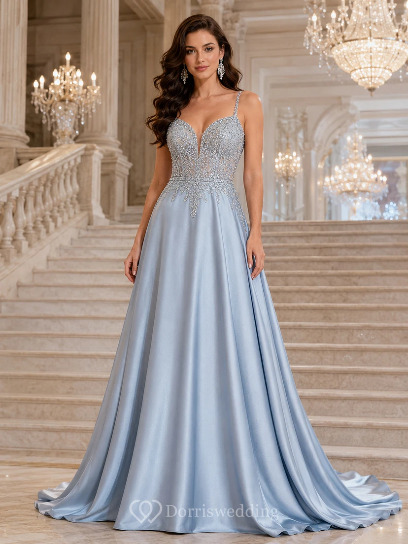Light Blue Crystal Bodice Satin A Line Gala Gown