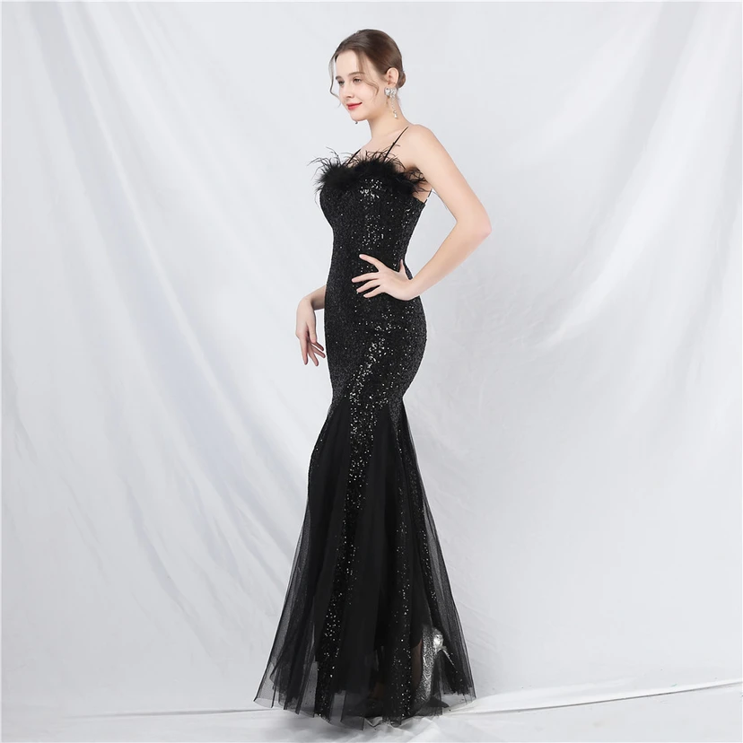 Craft Ostrich Feather Mesh Sequined Long Evening Dress view 58