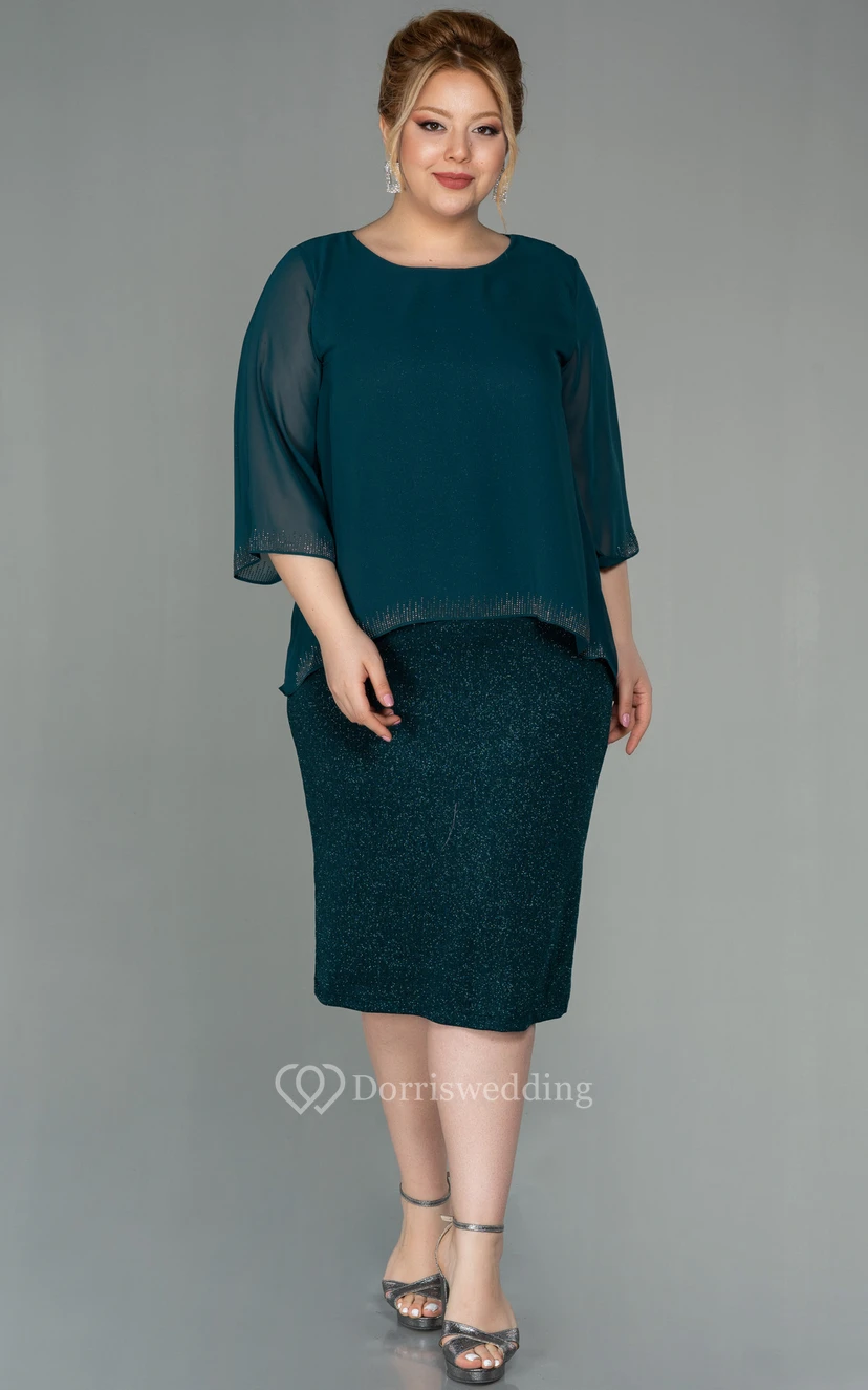 Bateau-neck Long Sleeve Pencil Knee-length Sequin Plus Size Mother of Bride Dress view 11