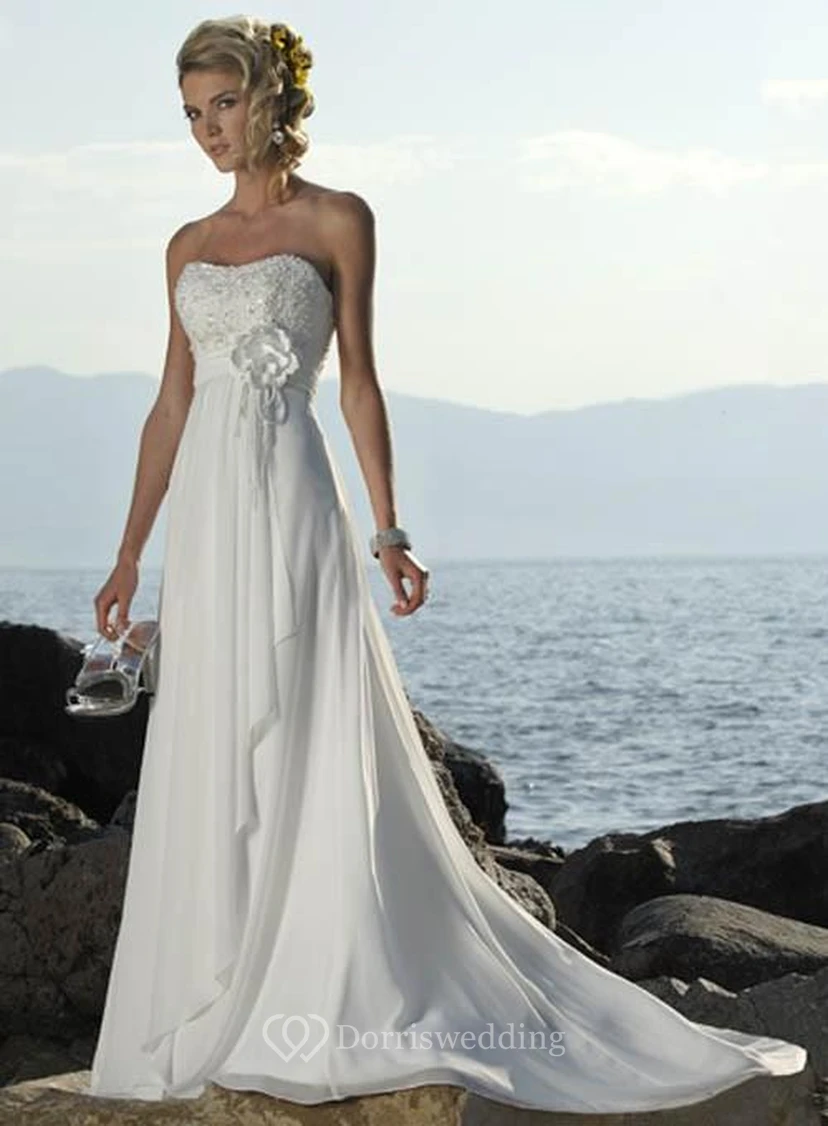 Beautiful Strapless A-Line Beach Chiffon Simple Wedding Dress