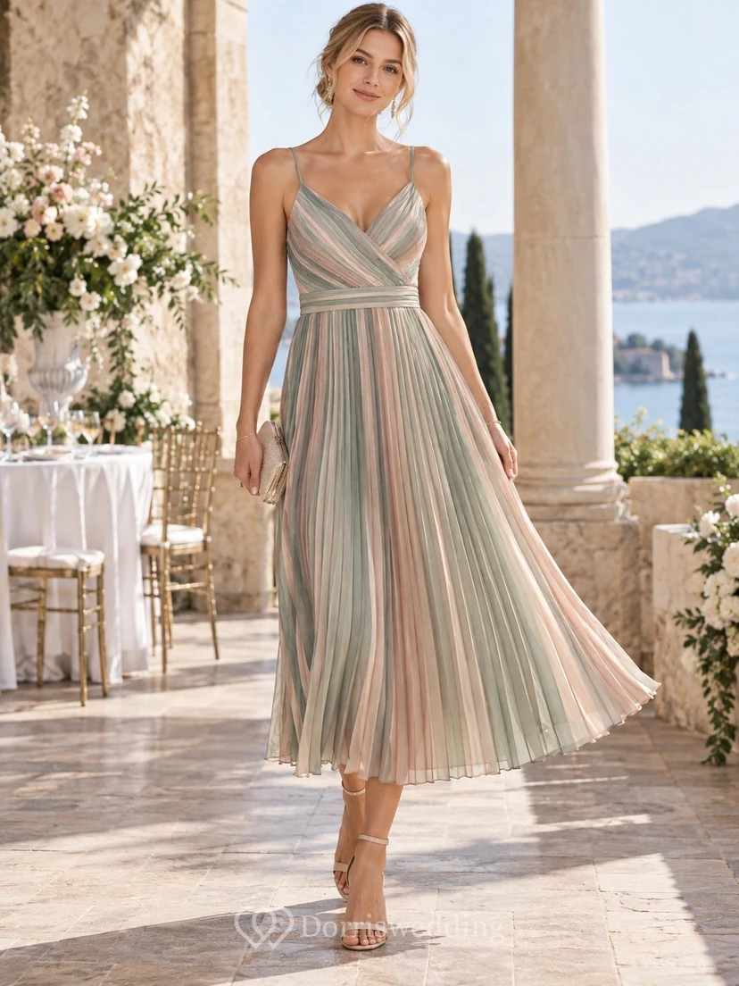 Vestido de fiesta de gasa de corte A con tirantes finos y plisado a rayas suaves, largo hasta la rodilla, ideal para invitadas de boda.