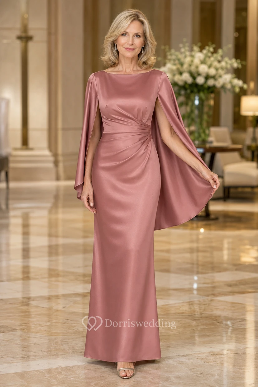 Mutterkleid aus altrosafarbenem Satin mit Cape-Ärmeln