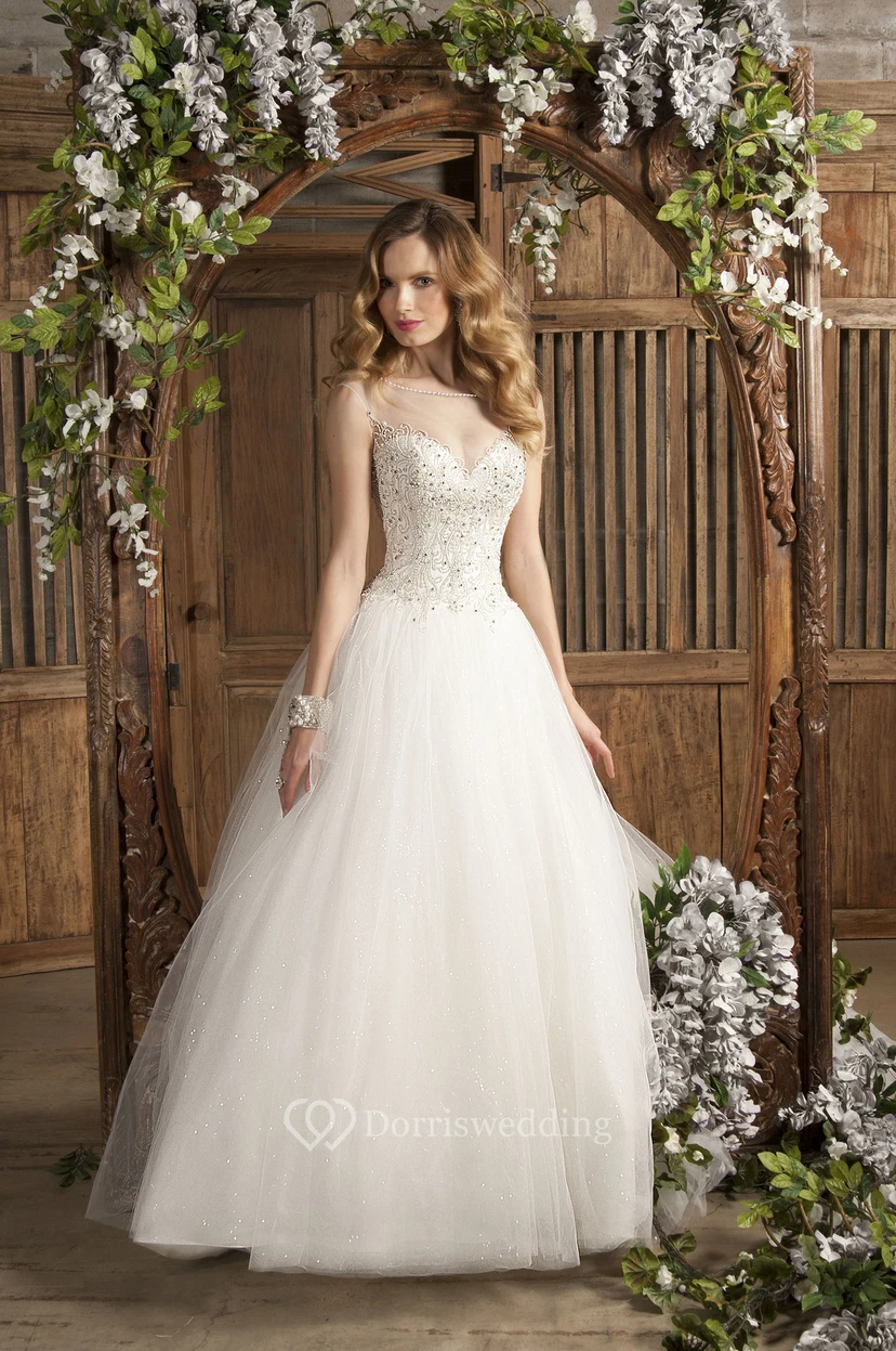 Ball Gown Bateau Neck Sleeveless Appliqued Tulle Wedding Dress