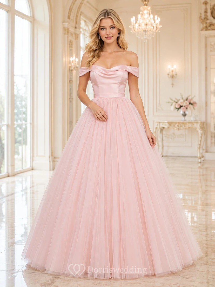 Blush Tulle Off-the-shoulder Pleated Cotillion Ball Gown Elegant Formal Dress
