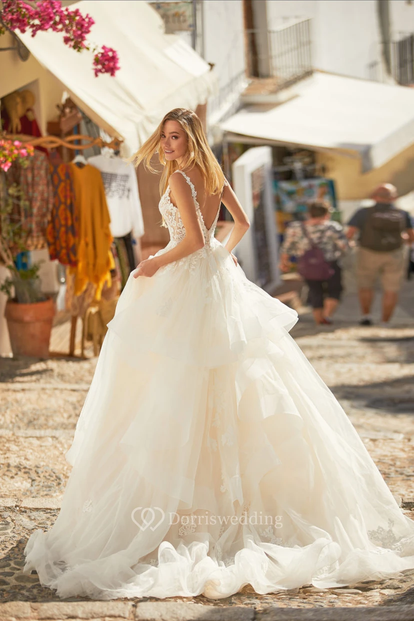Flowy Sleeveless Lace Empire A-line Tulle Ruffled Wedding Dress view 2
