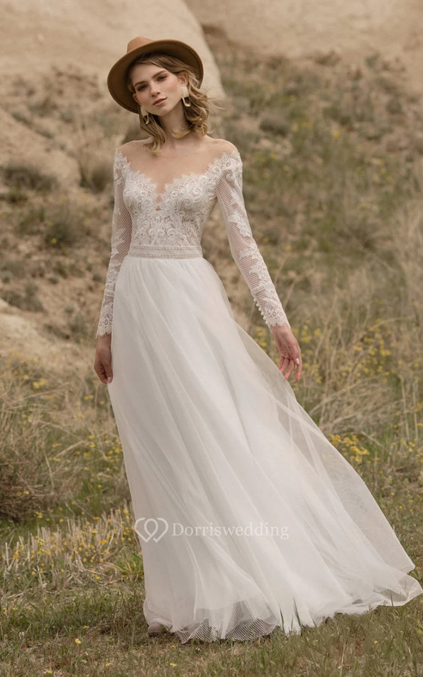 Robe de mariée champêtre fluide en mousseline de soie à manches longues et dentelle, épaules dénudées
