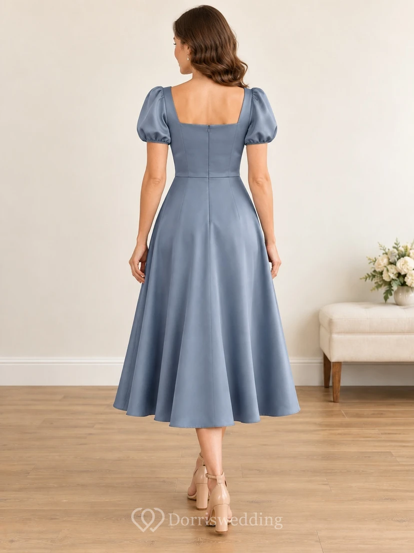 Modest Steel Blue Tea-length Square Neck Puff Sleeve Bridesmaid Dress view 2