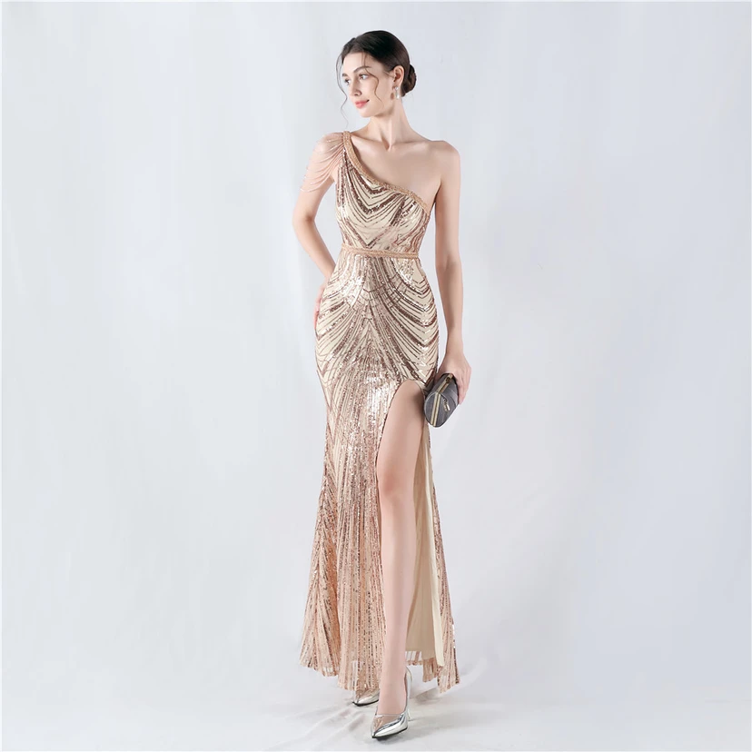 Positioning Flower Beaded Craft Beaded One-Shoulder Oblique Collar High Slit Evening Dress view 56