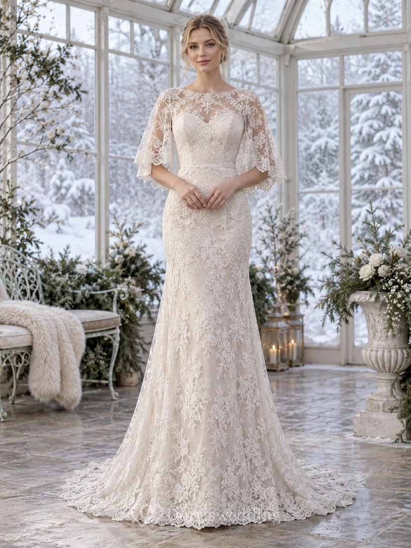 Vestido de novia corto tipo capa con borde festoneado y encaje floral estilo barco.