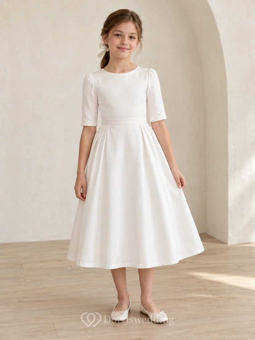 Modest Simple White Tea-length Jewel Elbow Sleeves Waistband Side-Pleated Satin A-line Flowergirl Dress