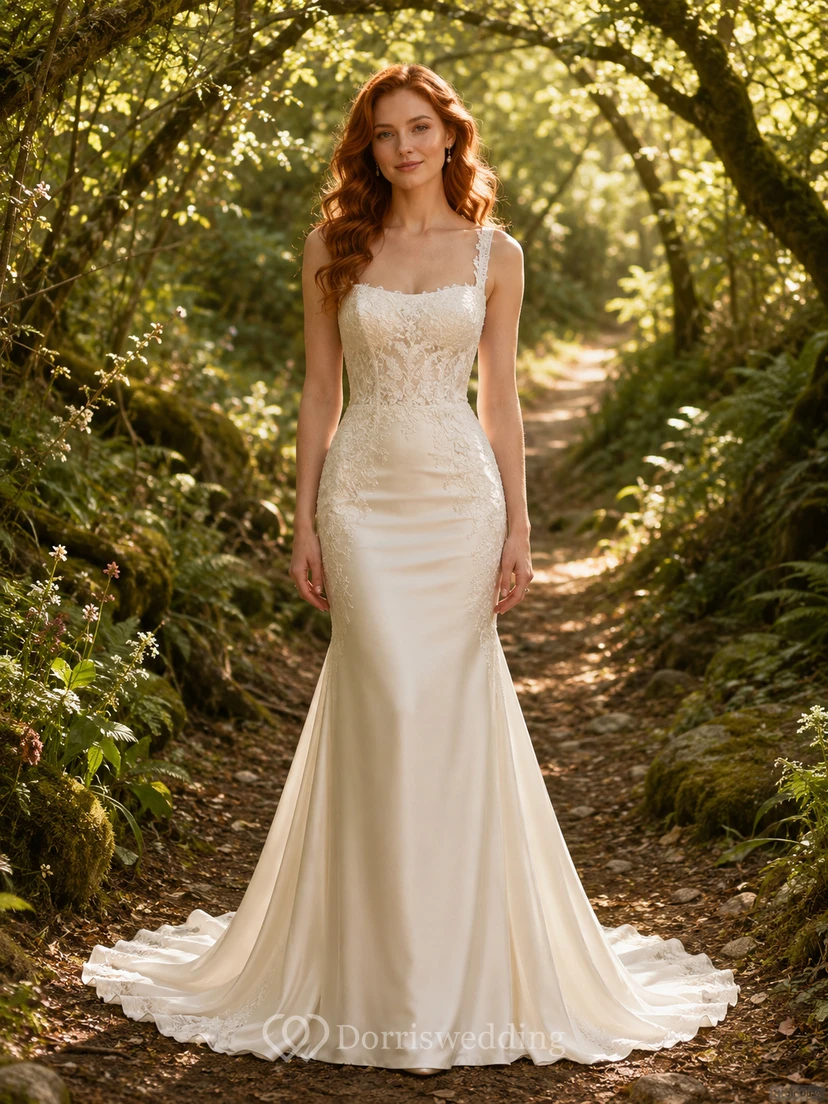 Brautkleid im Landhausstil aus Satin, Meerjungfrauen-Stil, Spaghettiträger, bodenlang, tiefer V-Ausschnitt