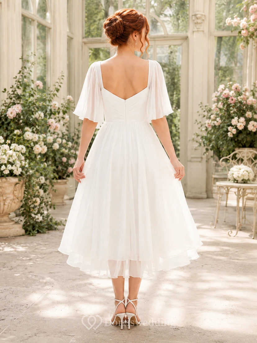 Robe de mariée romantique en mousseline plissée à manches cloche et décolleté en cœur, dos nu, style jardin view 2