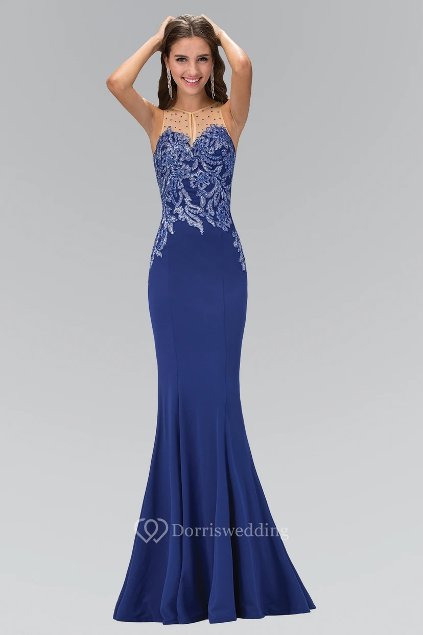 Sheath Scoop-Neck Sleeveless Jersey Illusion Dress With Beading And Appliques