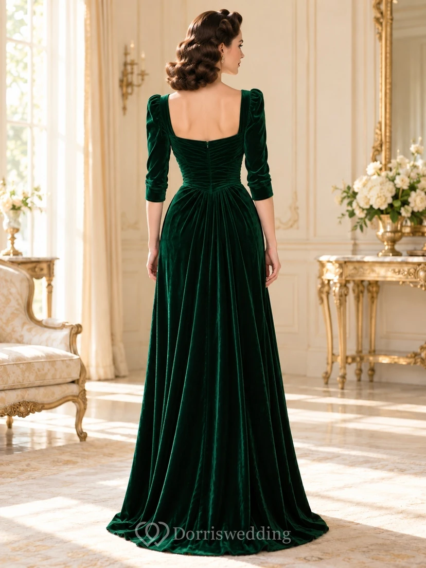 Vintage Dark Green Sweetheart Three Quarter Sleeve Velvet Evening Dress view 2