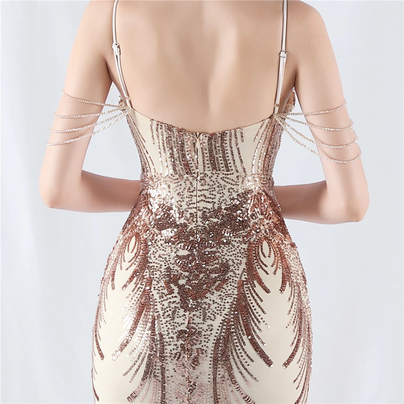 Waist-Reduced Fishbone Shaping Positioning Flower Sequined Anchor Sexy Beaded Suspender Evening Dress view 17