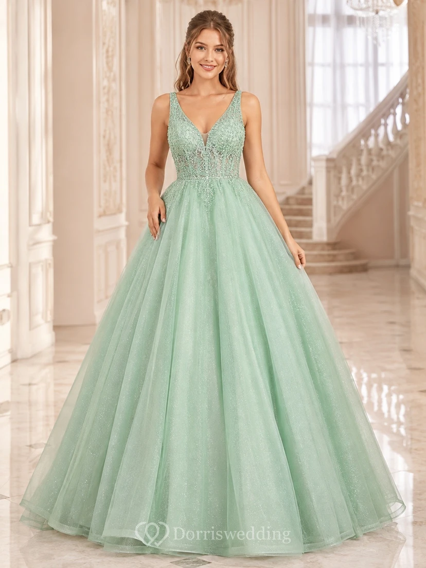 Romantic Mint Green V-neck Sleeveless Lace Tulle Ball Gown Dress