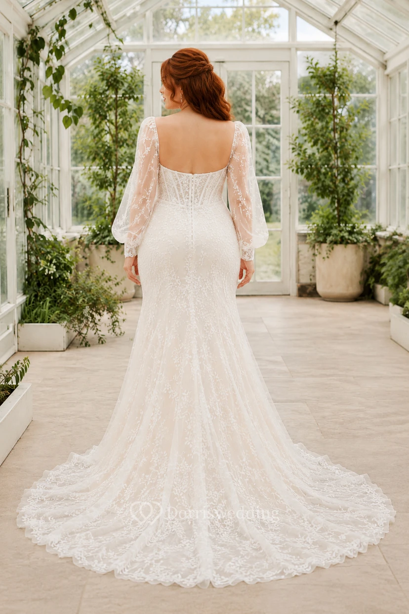 Robe de mariée sirène en dentelle à manches longues et épaules dénudées, grande taille view 2