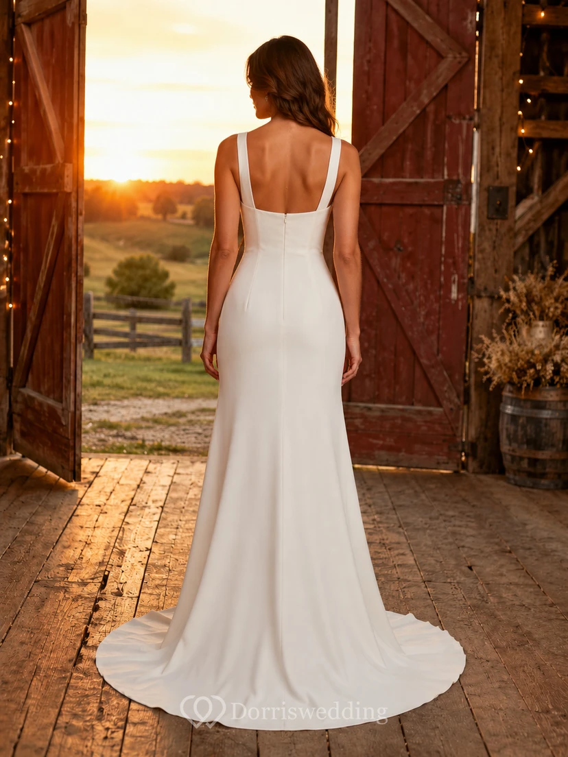 Minimalist Square Neck Satin Sheath Ranch Wedding Dress view 2
