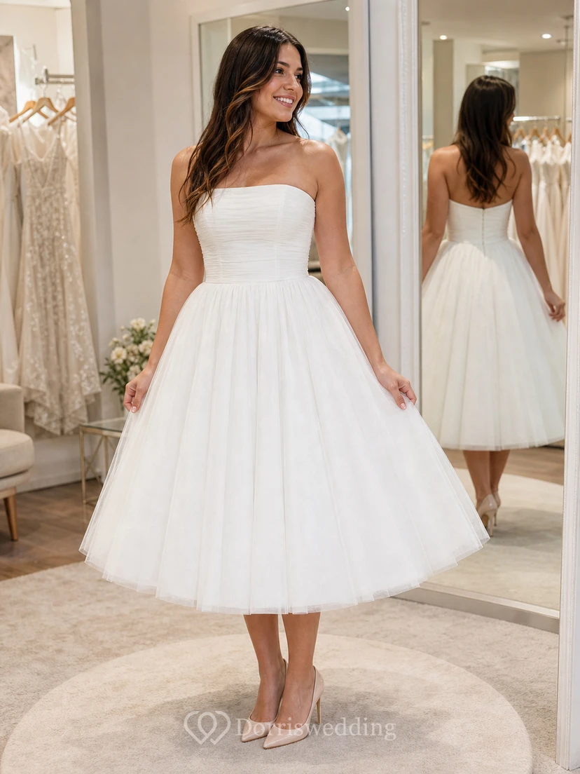 Tea-length Strapless A-line Simple Beach Ruched Casual Wedding Dress view 6
