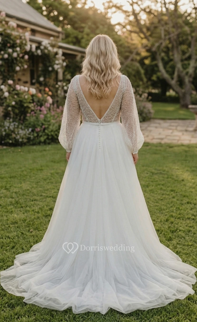 Plus Size Long Sleeve V-Neck Beaded Tulle A-Line Wedding Dress with Low V-Back view 2