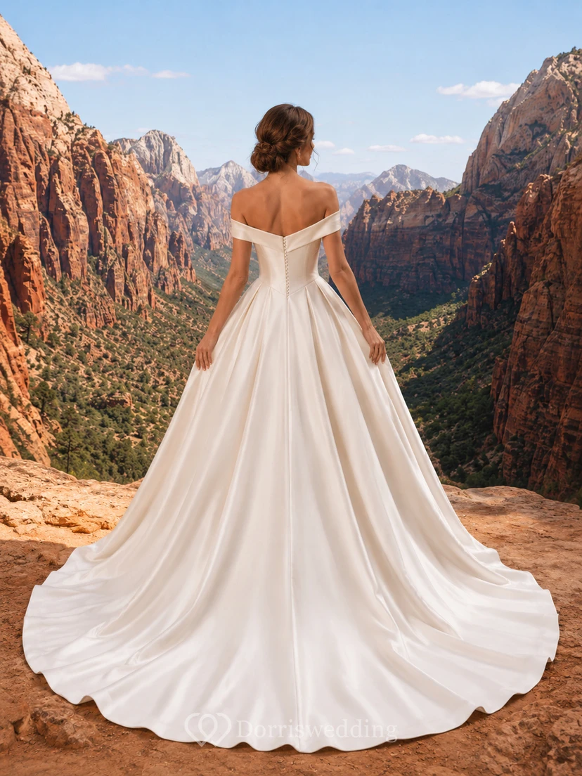 Robe de bal en satin à épaules dénudées et décolleté cœur, traîne chapelle, robe de mariée style canyon view 2