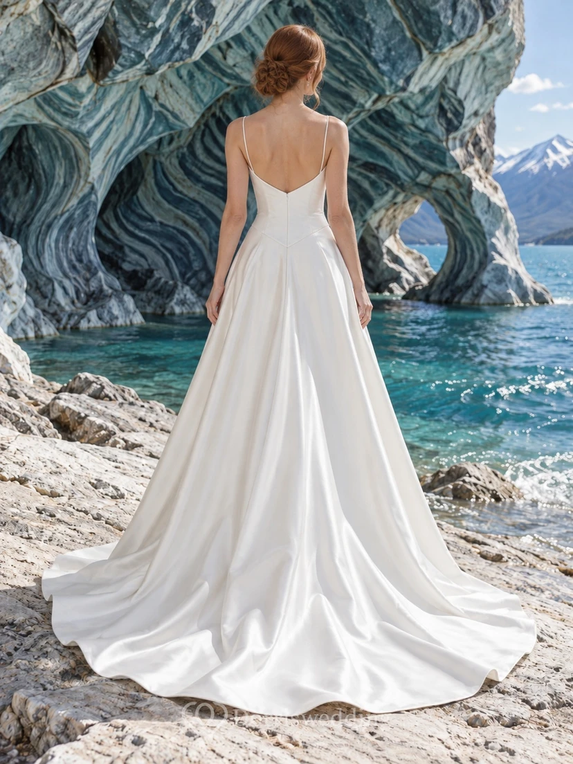 Sencillo vestido de novia de satén con escote en V, corte en A, tirantes finos y cintura puntiaguda. view 2