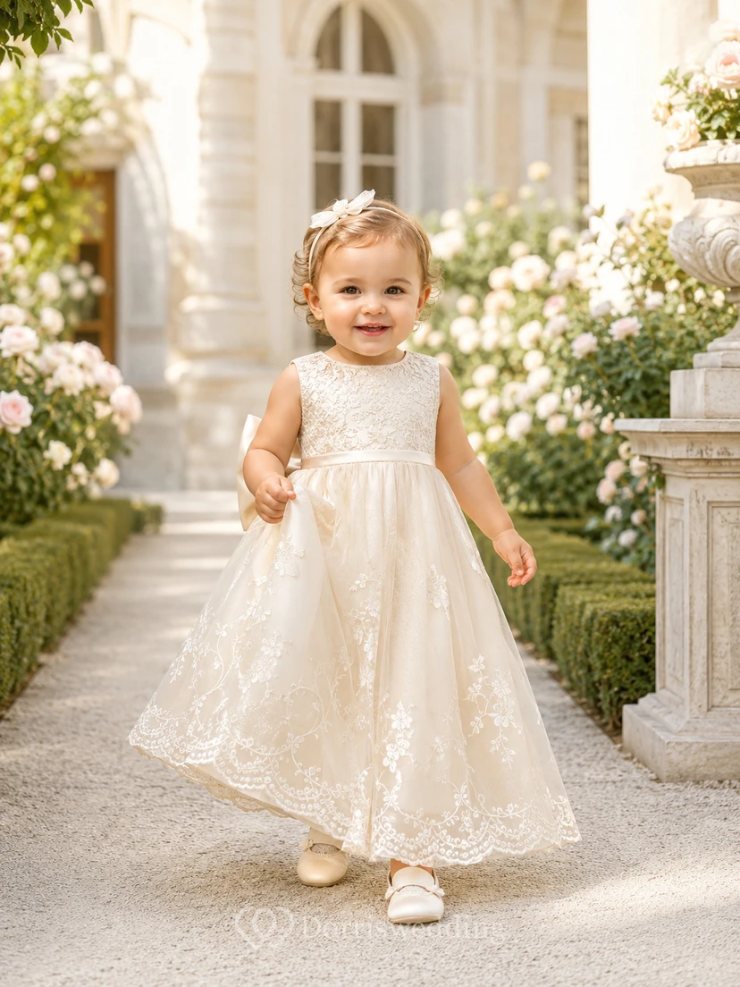 Baby Baptism Christening Ceremony Gown A-Line Tea-Length Jewel Neck Sleeveless Tulle Lace Bow Back Button Back