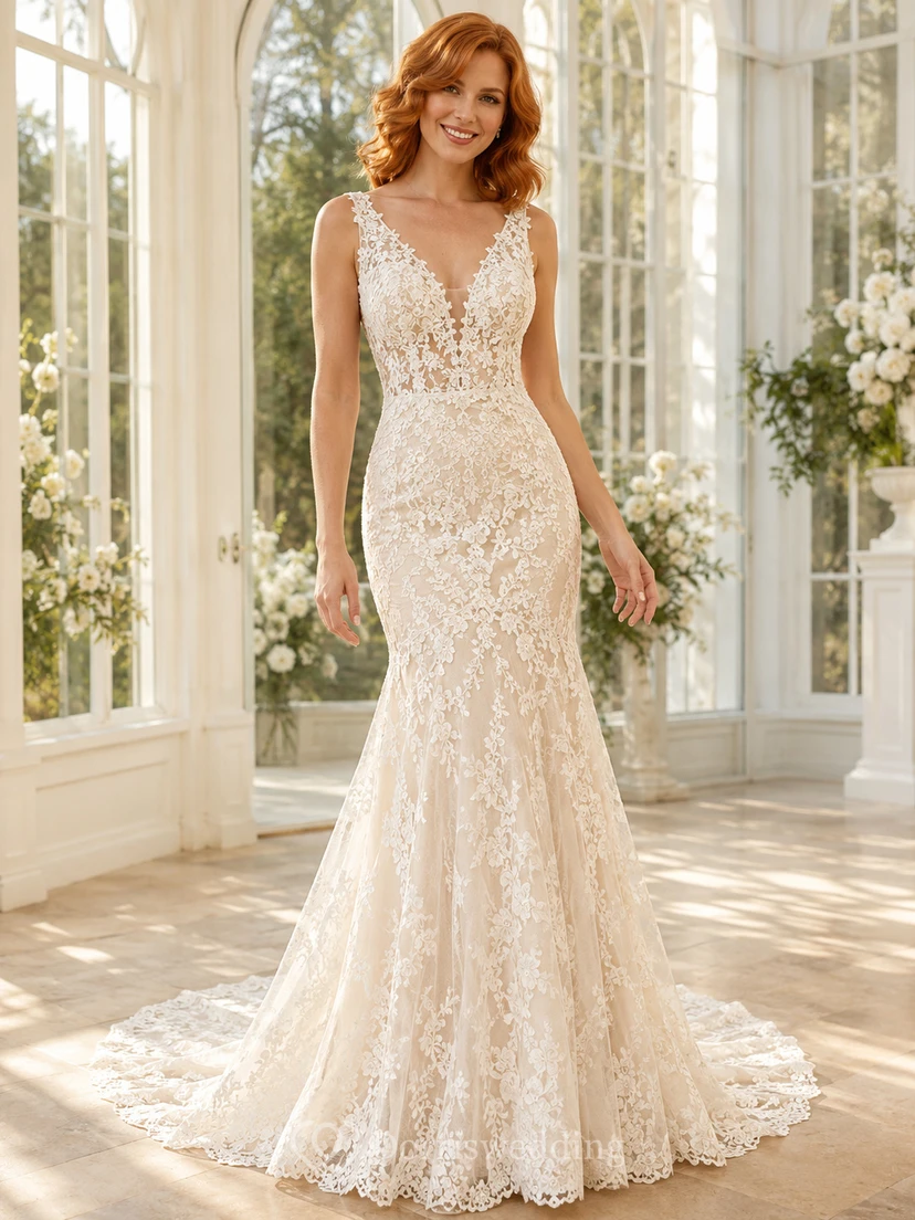 Lace Tulle Wedding Dress Mermaid Spaghetti Strap Chapel Train Bridal Gown