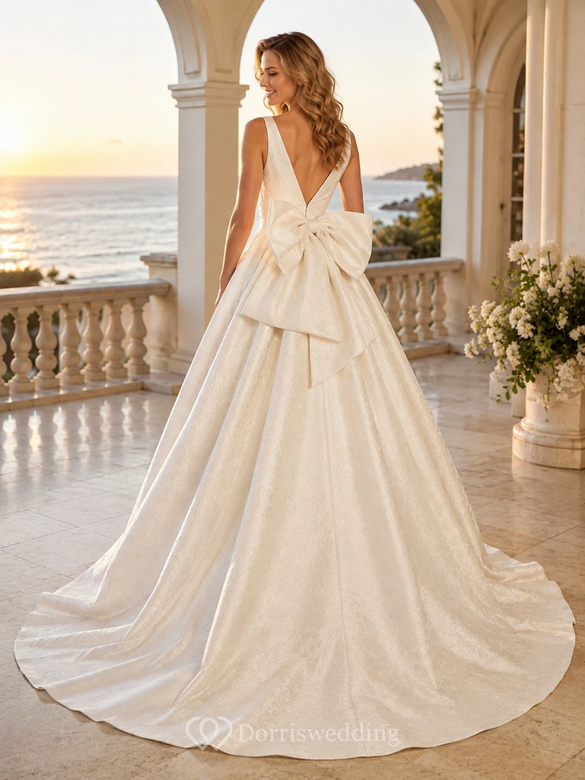 Robe de mariée de bal en satin jacquard à col en V, nœud dans le dos nu plongeant et traîne chapelle view 2