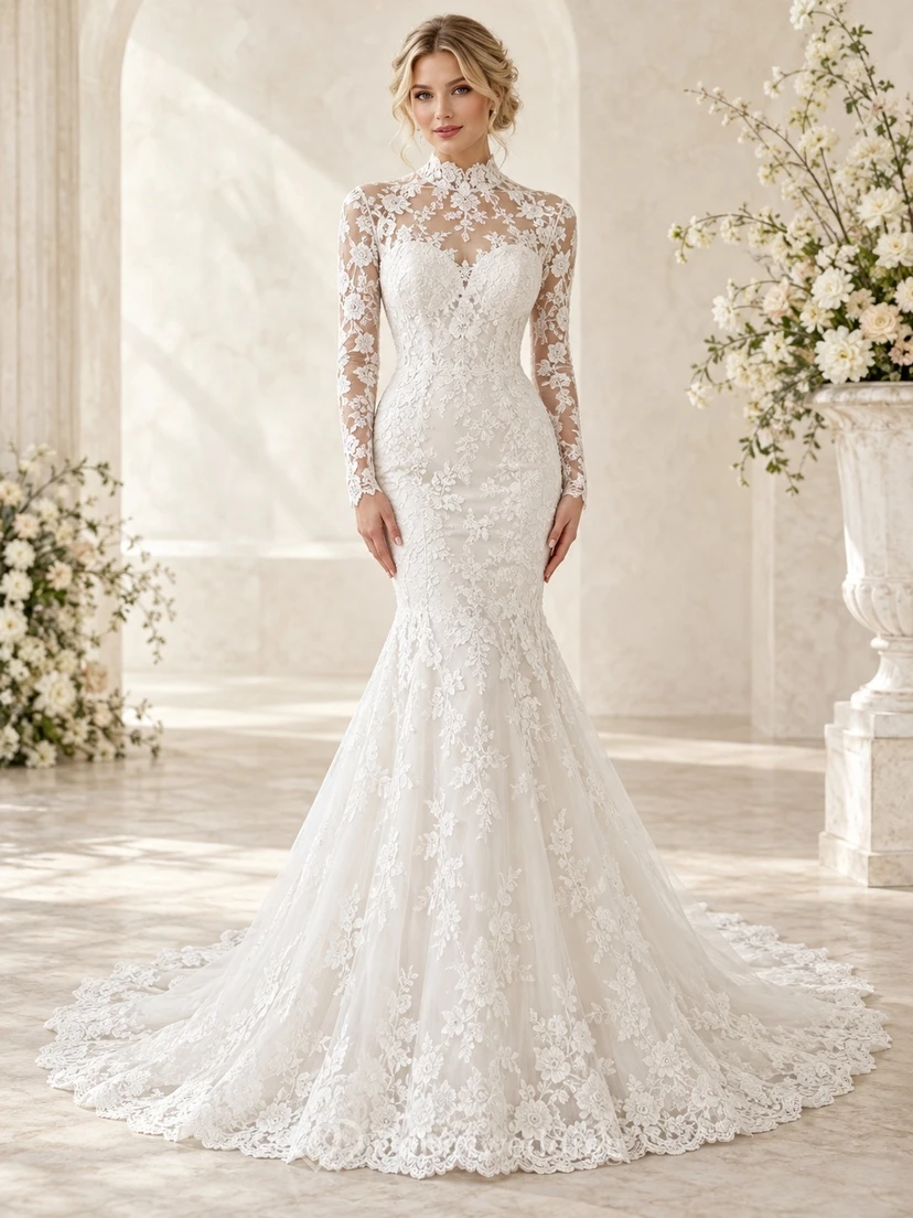 Modest Mermaid High Neck Long Sleeve Floral Lace Wedding Dress