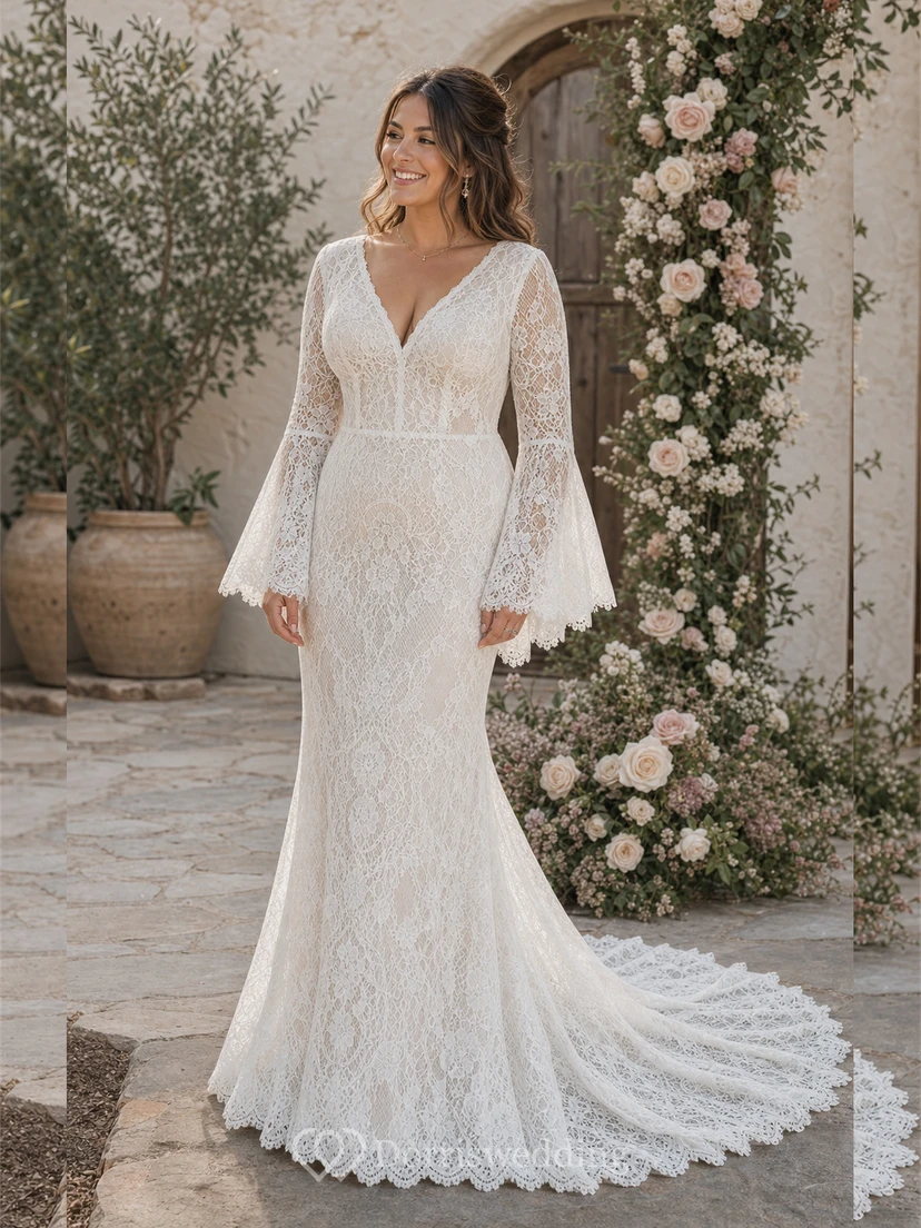 Vestido de novia bohemio de encaje, corte recto, escote en V, mangas largas acampanadas y cola. view 13