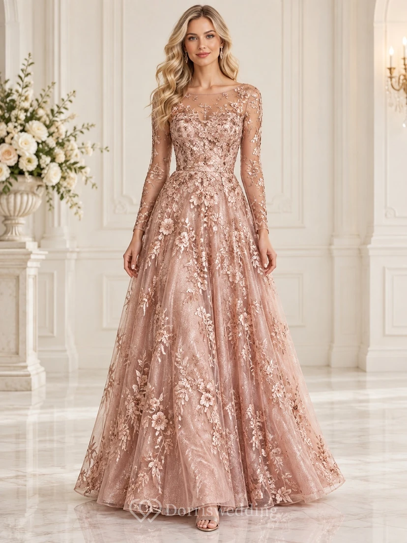 Vestido de noche formal largo hasta el suelo con escote redondo, mangas largas y corte en A, bordado, con apliques florales en oro rosa