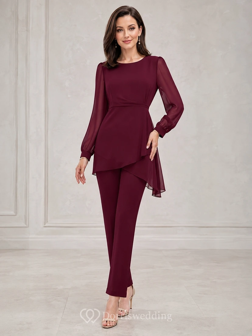 Petite Long Sleeve Peplum Two Piece Burgundy Mother Suit