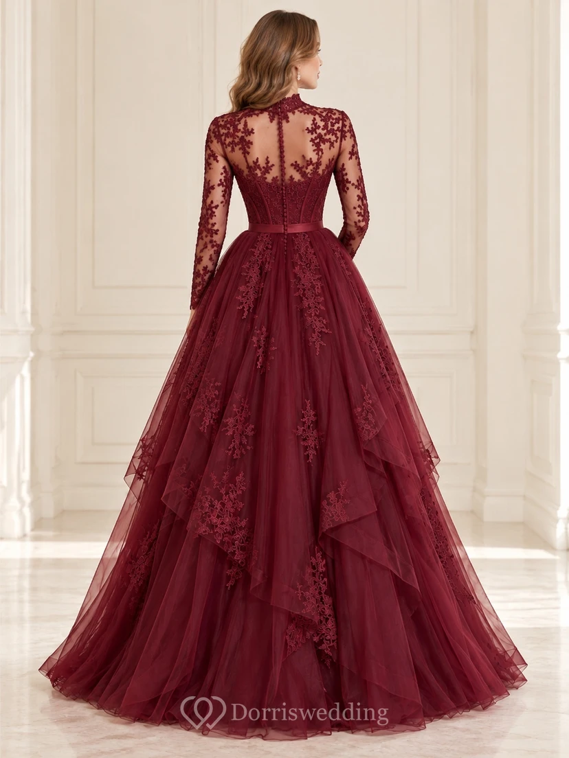 Robe de bal vintage bordeaux à col montant, manches longues en dentelle et tulle à volants view 2