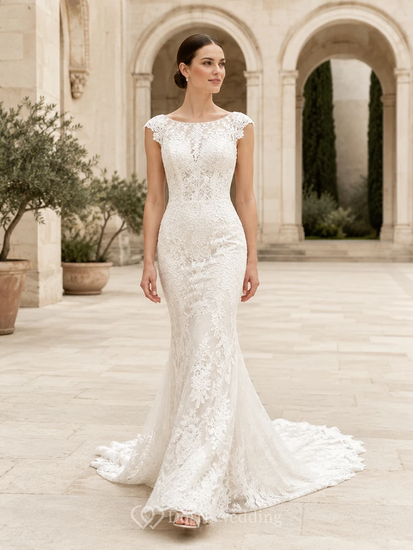 Robe de mariée sirène romantique à manches courtes en dentelle bateau et décolleté plongeant en V