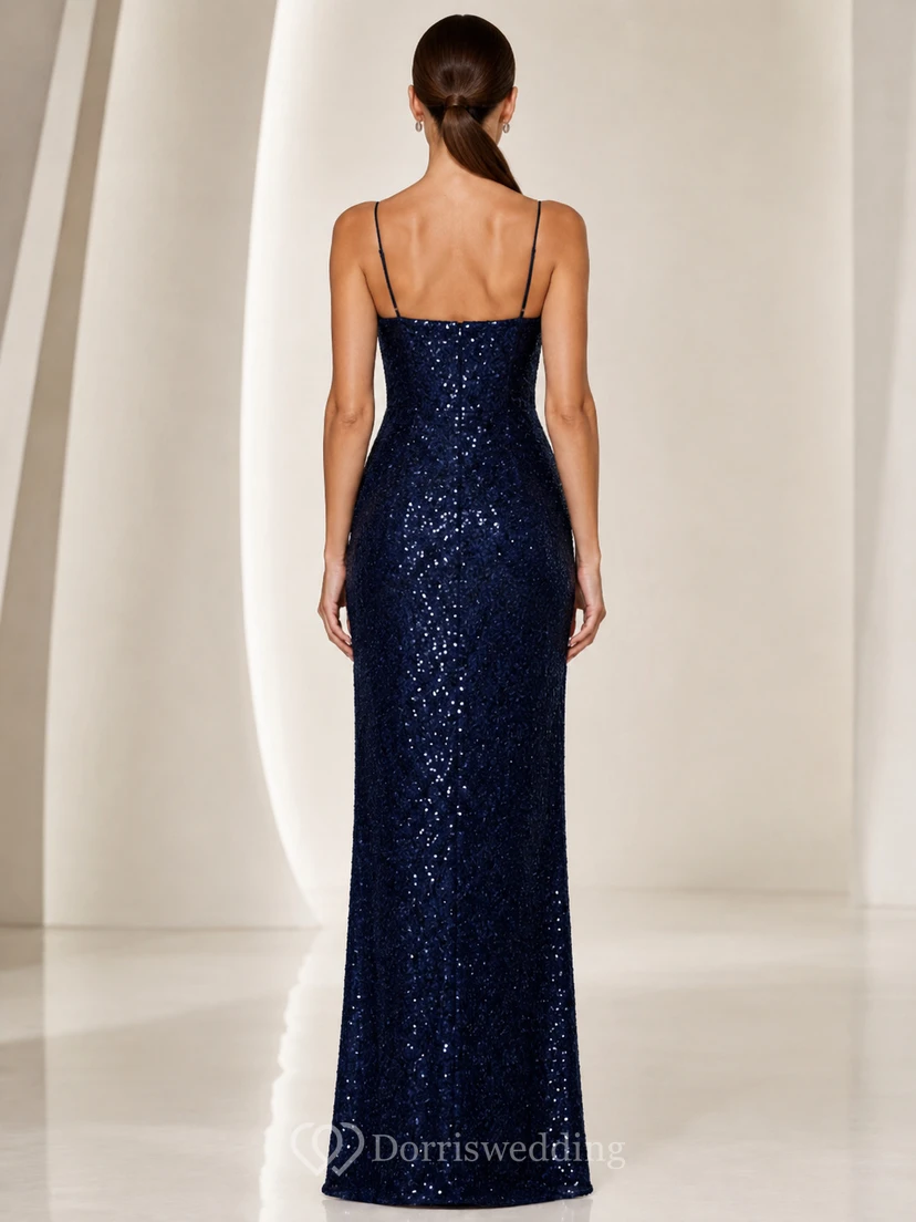 Dark Navy Spaghetti Strap Sequin Sheath Evening Dress view 2