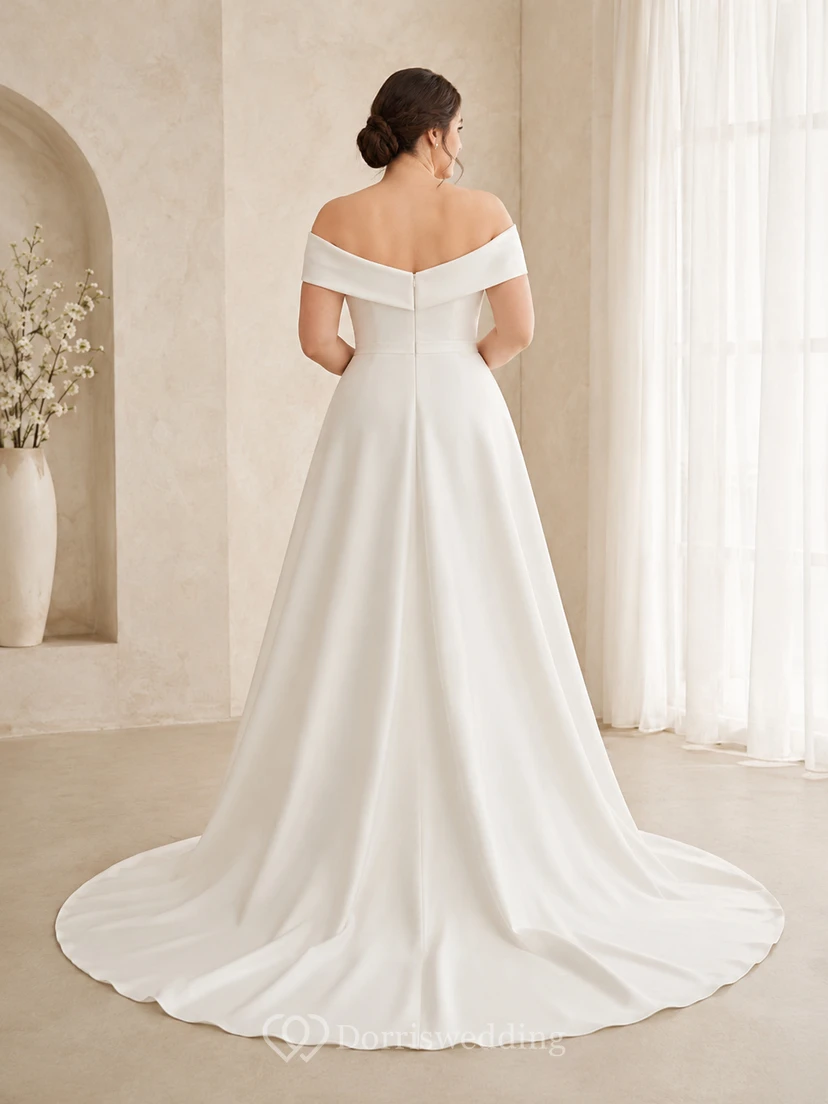 Satin Wedding Dress A-Line Off Shoulder Short Sleeve Chapel Train Bridal Gown view 2