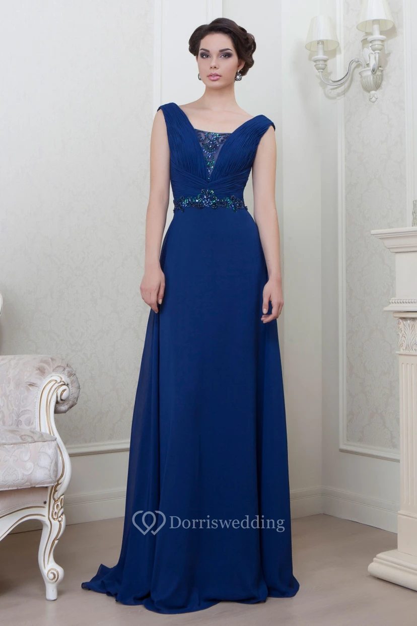 A-Line Sleeveless V-Neck Floor-Length Ruched Chiffon Evening Dress With Beading