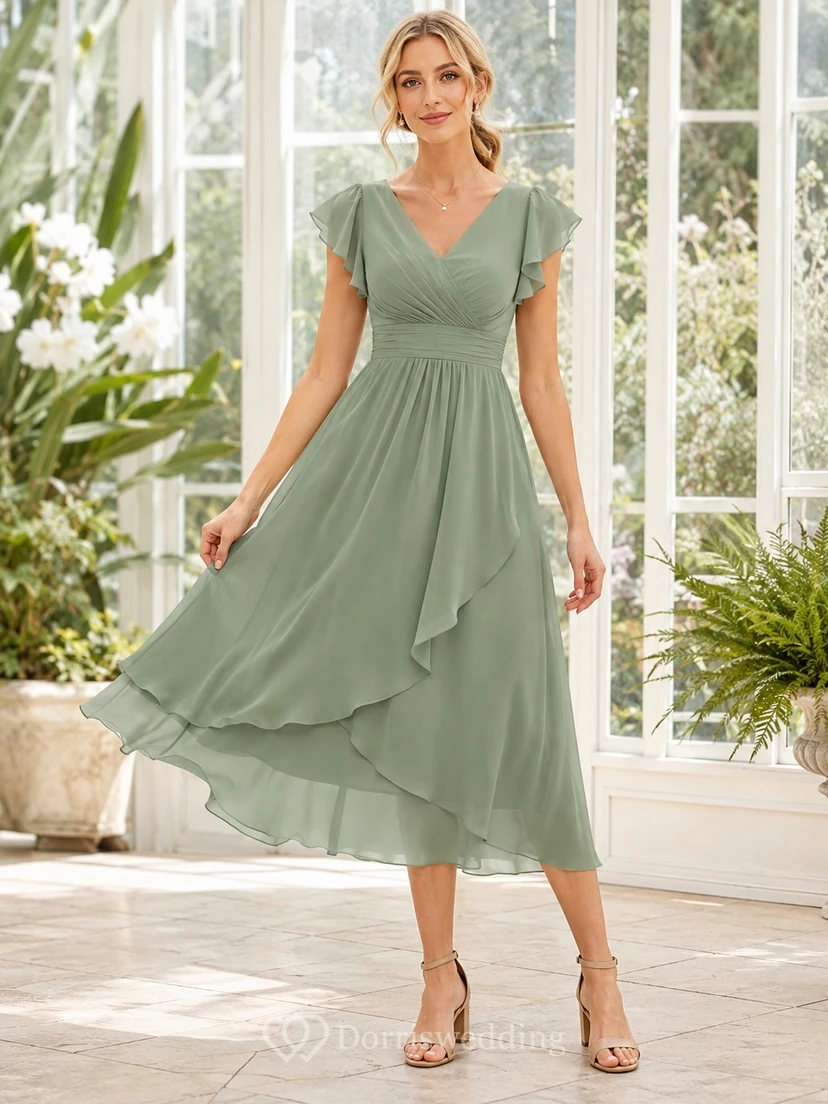 Sage Short Sleeve Chiffon V-Neck A-Line Asymmetrical Midi New Arrival Dress