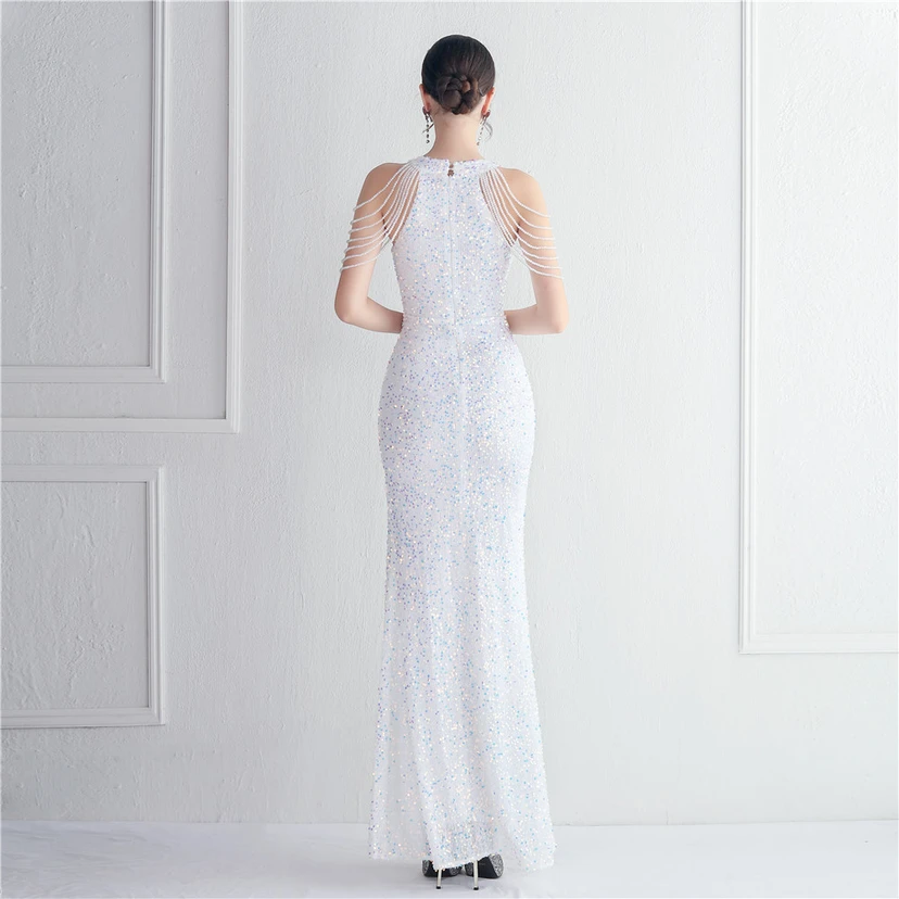 Heavy-Duty Glass Bead Craft Beaded Banquet Evening Dress Temperament Elegant Long Halter Neck Slit Sequins view 16