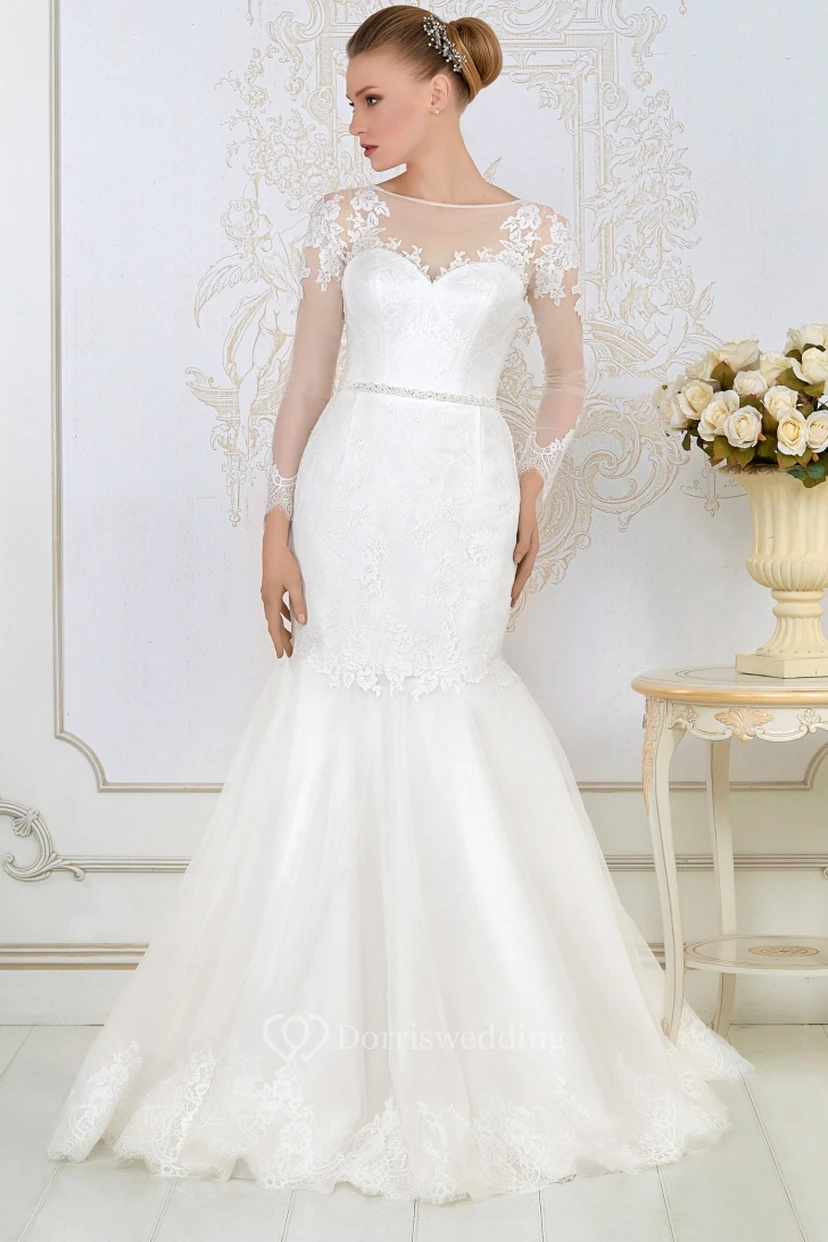 Mermaid Long-Sleeve Jewel-Neck Appliqued Floor-Length Lace&Satin Wedding Dress With Waist Jewellery