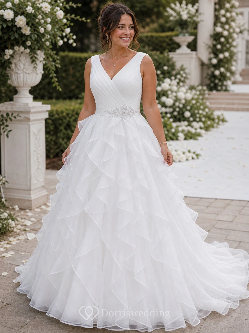 A-Linien-Brautkleid aus Organza mit kurzen Ärmeln, langem V-Ausschnitt, Raffungen, Rüschen und Stufen view 9